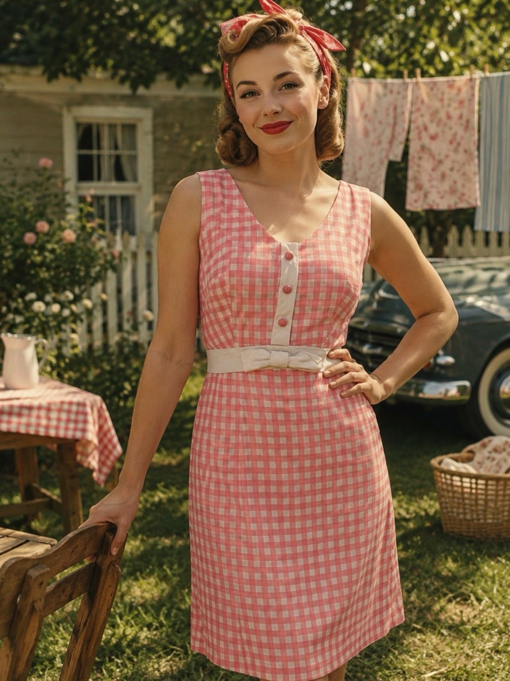 VINTAGE handmade Sleeveless Pink Gingham Belted Dress